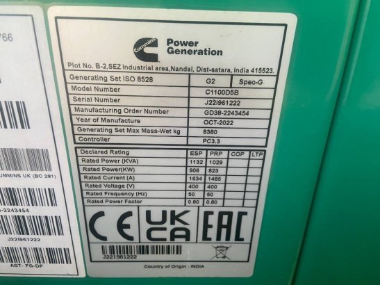 Cummins C1100D5B - 1.100 kVA Open Generator - DPX-18531-O C1100D5B - 1.100 kVA Open Generator - DPX-18531-O 2025 1 Generat...