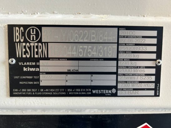 Western Global 20TCC - 2.000 Liter Diesel Tank - DPX-25083 Western Global 20TCC - 2.000 Liter Diesel Tank - DPX-25083 2026...