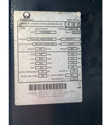 Pramac GSW1015B - 1016kVA Used Generator - DPX-12660 Pramac GSW1015B - 1016kVA Used Generator - DPX-12660 2023 2 Generator...