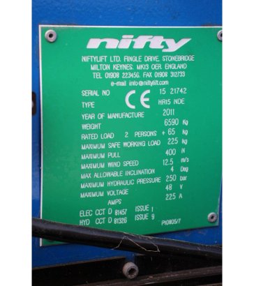 Nifty HR15 NDE Articulated Boom Lift Electric+Diesel 15.5m 2011 Nifty HR15 NDE 2011 2 image 12