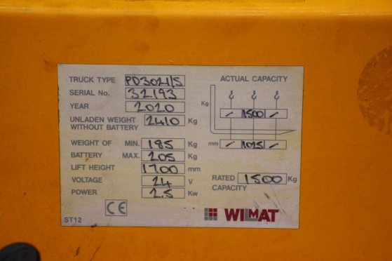 Wilmat PD3021/S Electric Stacker 1500kg 1.7m 2020 Wilmat PD3021/S 2020 2 image 12