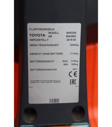 Toyota SWE200 Electric Stacker 2000kg 3.5m 2019 SWE200 2019 2 image 13
