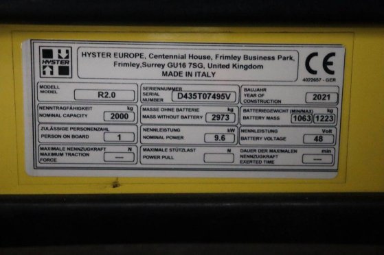 Hyster R2.0 Electric Reach Truck 2000kg 6.6m 2021 R2.0 2021 2 image 15