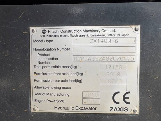 Hitachi ZX140W-6 (3 Pieces available) ZX140W-6 (3 Pieces available) 2018 2 Wheeled Excavators image 7