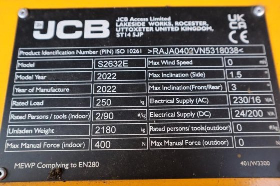 JCB S2632E Valid inspection, 10m Working Height, 250kg S2632E Valid inspection, 10m Working Height, 250kg 2022 2 Scissor L...