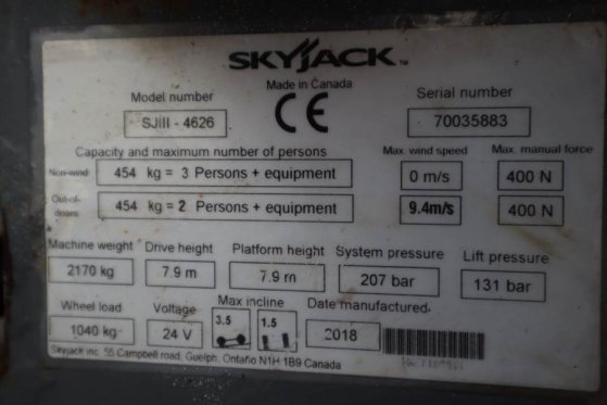SkyJack SJ4626 ELECTRIC, 10M WORKING HEIGHT, 454KG CAPACIT Skyjack SJ4626 ELECTRIC, 10M WORKING HEIGHT, 454KG CAPACIT 2018...