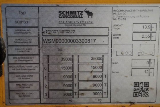 Schmitz CARG SCB3ST CoC Documents, TuV Loading Certificate Schmitz Cargobull CARG SCB3ST CoC Documents, TuV Loading Certif...