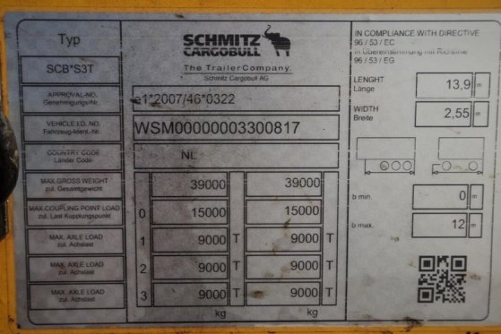 Schmitz Cargobull SCB3ST CoC Documents, Dutch Registration, 3-Axle, Schmitz Cargobull SCB3ST CoC Documents, Dutch Registra...