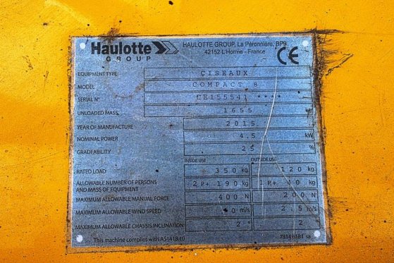Haulotte Compact 8 Electric, 8.2m Working Height, 350kg Cap Haulotte Compact 8 Electric, 8.2m Working Height, 350kg Cap 20...