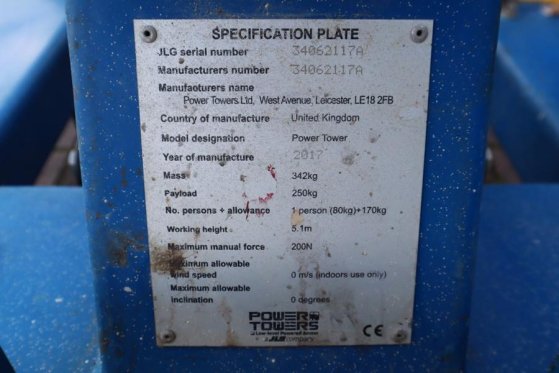 JLG Power Tower Electric, 5.10m Working Height, 250kg Power Tower Electric, 5.10m Working Height, 250kg 2017 2 image 15
