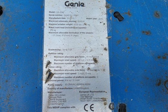 Genie GS3246 Electric, Working Height 11.75 m, 318kg Cap GS3246 Electric, Working Height 11.75 m, 318kg Cap 2015 2 Scissor...