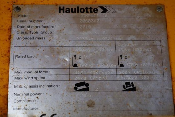 Haulotte Compact 10 Electric, 10.2m Working Height, 450kg C Haulotte Compact 10 Electric, 10.2m Working Height, 450kg C 20...
