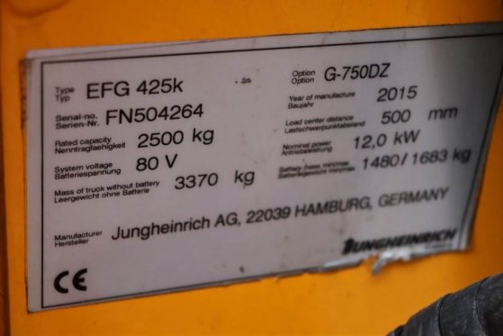 Jungheinrich EFG425K Electric, Lifting Height 7500mm, Freelift EFG425K Electric, Lifting Height 7500mm, Freelift 2015 2 Fo...