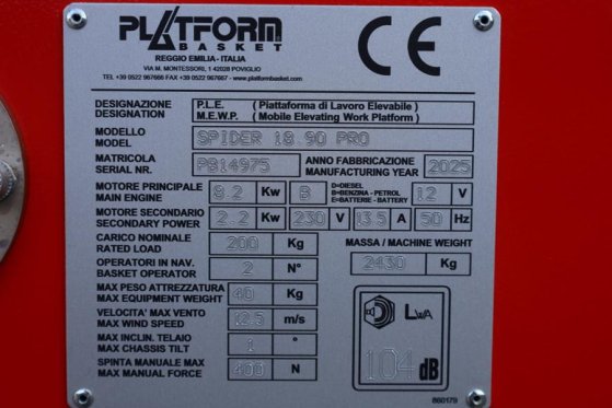 Platform Basket Spider 18.90 PRO CE Declaration, Valid inspection, Platform Basket Spider 18.90 PRO CE Declaration, Valid ...