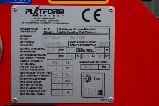 Platform Basket Spider 18.90 PRO CE Declaration, Valid inspection, Platform Basket Spider 18.90 PRO CE Declaration, Valid ...