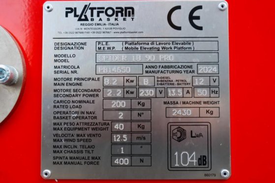 Platform Basket Spider 18.90 PRO CE Declaration, Valid inspection, Platform Basket Spider 18.90 PRO CE Declaration, Valid ...
