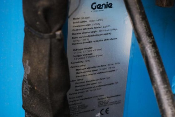 Genie GS4390 Diesel, 4x4 Drive, 15m Working Height, 680k GS4390 Diesel, 4x4 Drive, 15m Working Height, 680k 2012 2 Scissor...