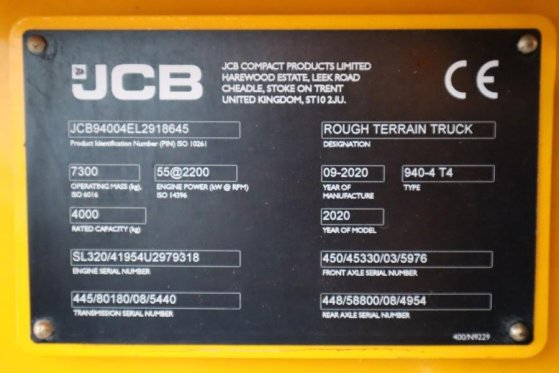 JCB 940-4 T4 Valid inspection, Diesel, 4x4 Drive, 3700 940-4 T4 Valid inspection, Diesel, 4x4 Drive, 3700 2020 2 Rough Ter...