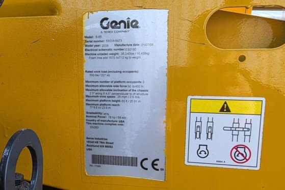 Genie S85 As-Is, Diesel, 4x4 Drive, 27.7m Working Height S85 As-Is, Diesel, 4x4 Drive, 27.7m Working Height 2008 2 image 19