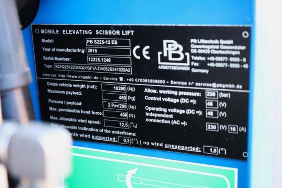 PB LIFT S225-12ES Electric, 22.5m Working Height, 450 PB LIFT S225-12ES Electric, 22.5m Working Height, 450 2016 2 Scissor...