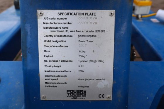 JLG Power Tower Electric, 5.10m Working Height, 250kg Power Tower Electric, 5.10m Working Height, 250kg 2017 2 image 16