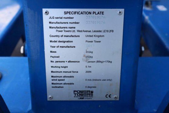 JLG Power Tower Electric, 5.10m Working Height, 250kg Power Tower Electric, 5.10m Working Height, 250kg 2017 2 image 17
