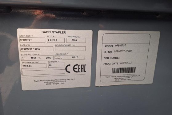 Toyota 9FBM70T Electric, 7 Tons Capacity, Lift Height 4.7 9FBM70T Electric, 7 Tons Capacity, Lift Height 4.7 2022 2 Forkli...