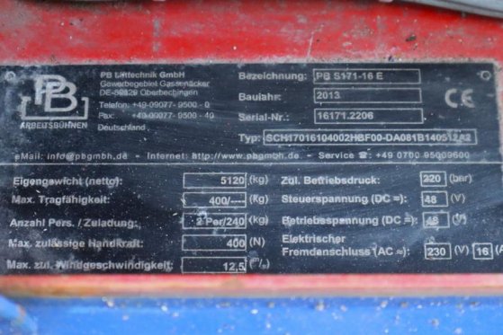 PB Lifttechnik S171-16E Electric, 17.3m Working Height, 400kg Cap PB Lifttechnik S171-16E Electric, 17.3m Working Height, ...