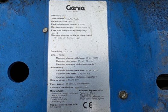 Genie GS1932 Electric, Working Height 7.8 m, 227kg Capac 4842 2013 2 Scissor Lifts image 36
