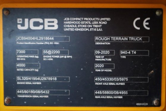 JCB 940-4 T4 Valid inspection, Diesel, 4x4 Drive, 3700 940-4 T4 Valid inspection, Diesel, 4x4 Drive, 3700 2020 2 Rough Ter...