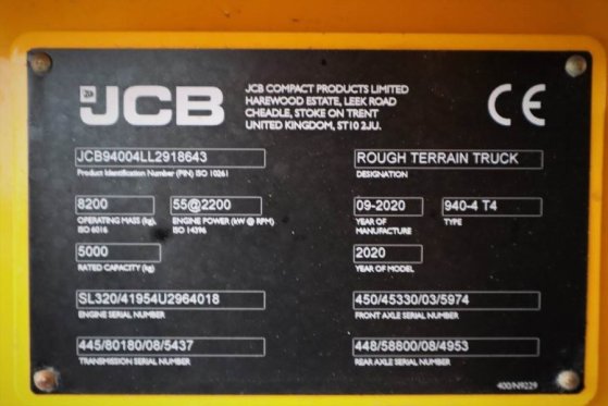 JCB 940-4 T4 Valid inspection, Diesel, 4x4 Drive, 3700 940-4 T4 Valid inspection, Diesel, 4x4 Drive, 3700 2020 2 Rough Ter...
