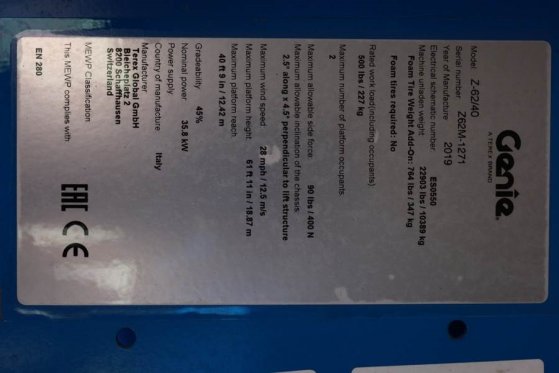 Genie Z62/40 Diesel, 4x4 Drive, 20.9 m Working Height, 1 Z62/40 Diesel, 4x4 Drive, 20.9 m Working Height, 1 2019 2 image 7