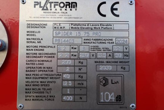 Platform Basket Spider 15.75 PRO CE Declaration, Valid inspection, Platform Basket Spider 15.75 PRO CE Declaration, Valid ...