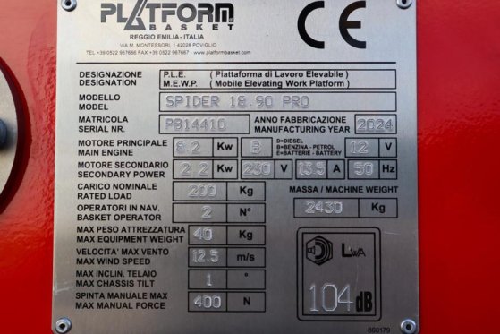 Platform Basket Spider 18.90 PRO CE Declaration, Valid inspection, Platform Basket Spider 18.90 PRO CE Declaration, Valid ...