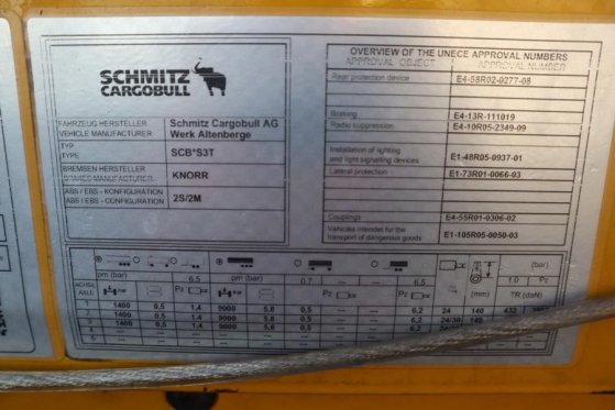 Schmitz Cargobull SCB3ST CoC Documents, TuV Loading Certificate, Dut Schmitz Cargobull SCB3ST CoC Documents, TuV Loading C...