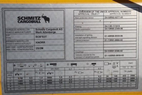 Schmitz Cargobull SCB3ST CoC Documents, TuV Loading Certificate, Dut Schmitz Cargobull SCB3ST CoC Documents, TuV Loading C...