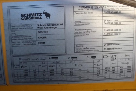 Schmitz Cargobull SCB3ST CoC Documents, TuV Loading Certificate, Dut Schmitz Cargobull SCB3ST CoC Documents, TuV Loading C...