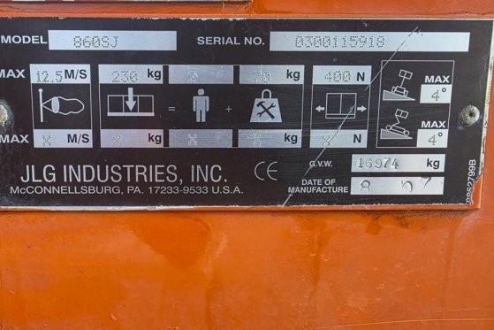 JLG 860SJ Diesel, 4x4 Drive, 28.2m Working Height, 22. 860SJ Diesel, 4x4 Drive, 28.2m Working Height, 22. 2007 2 image 7