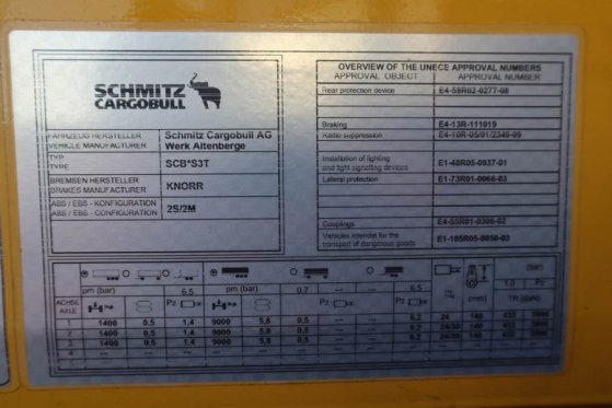 Schmitz CARG SCB3ST CoC Documents, TuV Loading Certificate Schmitz Cargobull CARG SCB3ST CoC Documents, TuV Loading Certif...