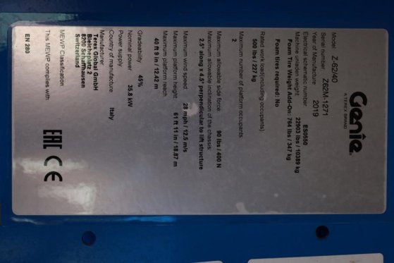 Genie Z62/40 Diesel, 4x4 Drive, 20.9 m Working Height, 1 Z62/40 Diesel, 4x4 Drive, 20.9 m Working Height, 1 2019 2 image 7