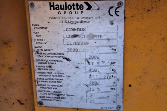 Haulotte Compact 12RTE Electric, 12m Working Height, 450kg Haulotte Compact 12RTE Electric, 12m Working Height, 450kg 2008...