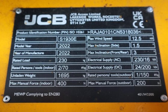 JCB S1930E Valid inspection, 8m Working Height, 230kg S1930E Valid inspection, 8m Working Height, 230kg 2022 2 Scissor Lif...