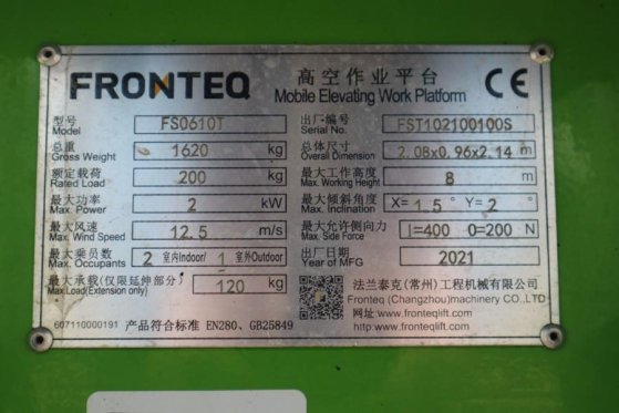 Fronteq FS0610T CE Declaration, 6.7m Working Height, 200kg Fronteq FS0610T CE Declaration, 6.7m Working Height, 200kg 2021...