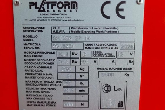 Platform Basket Spider 27.14 CE Declaration, Valid inspection, *Gu Platform Basket Spider 27.14 CE Declaration, Valid insp...